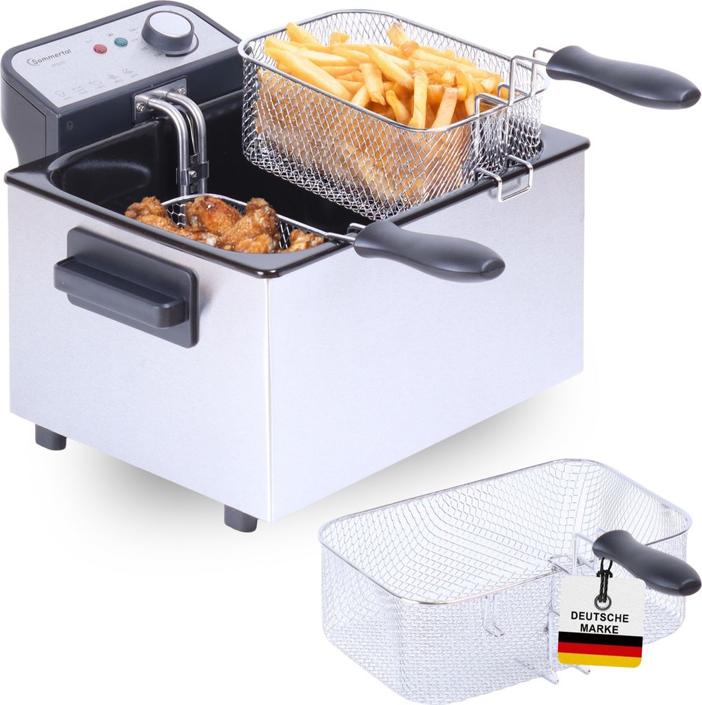 Sommertal XXL Doppel-Fritteuse mit Öl oder Fett – 3 Körbe, 5 Liter, 3000 Watt, Kaltzone, DF3270 – echte Edelstahl Fritteuse für knusprige Po...
