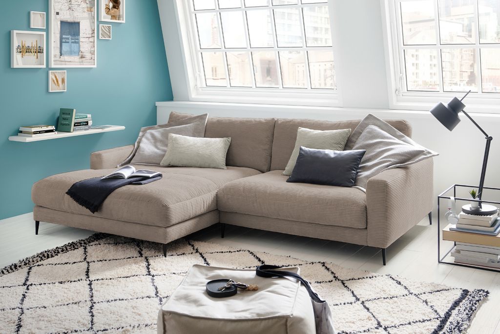 KAWOLA Ecksofa CARA Sofa Recamiere links Cord taupe