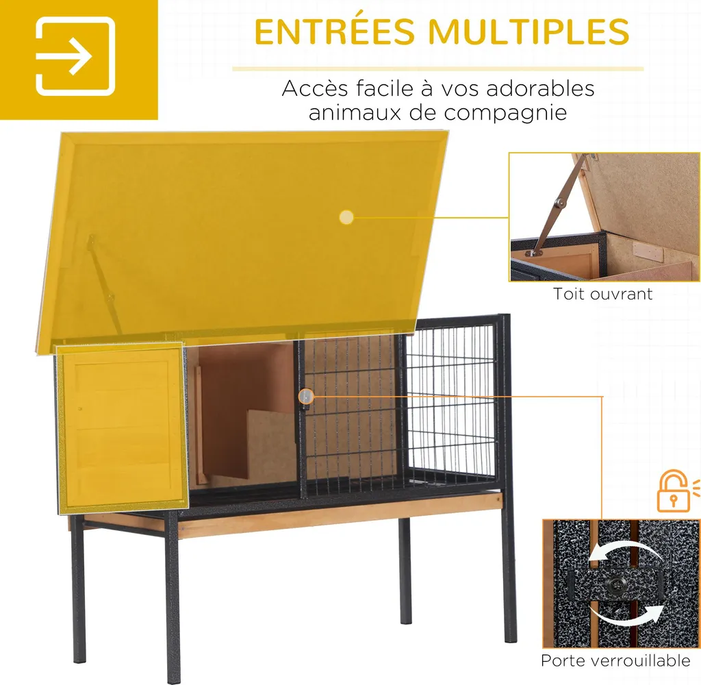Abri lapins avec toit ouvrant et pieds bois - Confort 91,5L x 45l x 70H