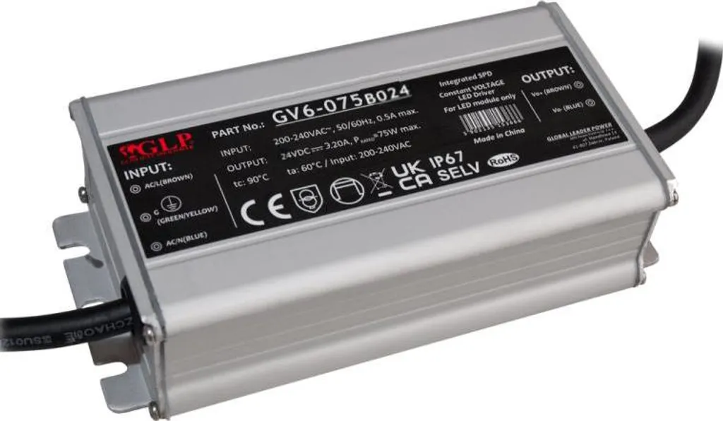 Transformateur LED 24V 75W étanche IP67 GV6-075B024 avec PFC intégré