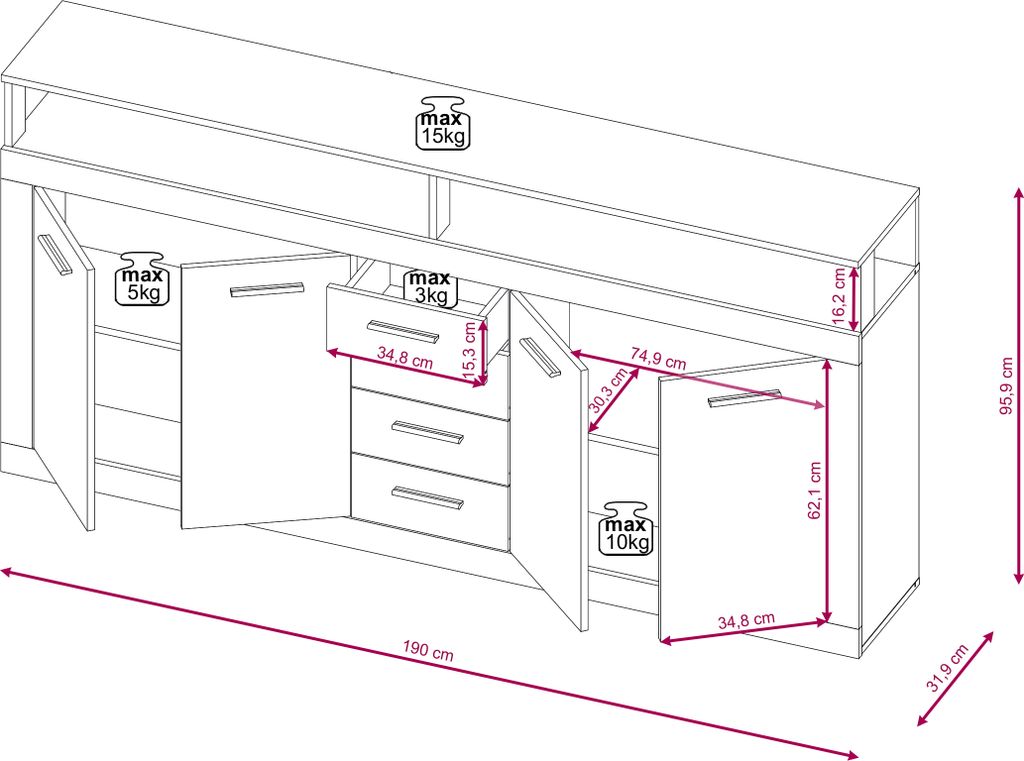 Loft Kommode Lunaris XXL, 4 Türen 4 Schubladen, Obrázek produktu 3