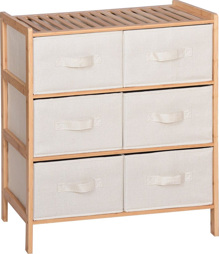 A wooden frame dresser with six fabric drawers against a white background.