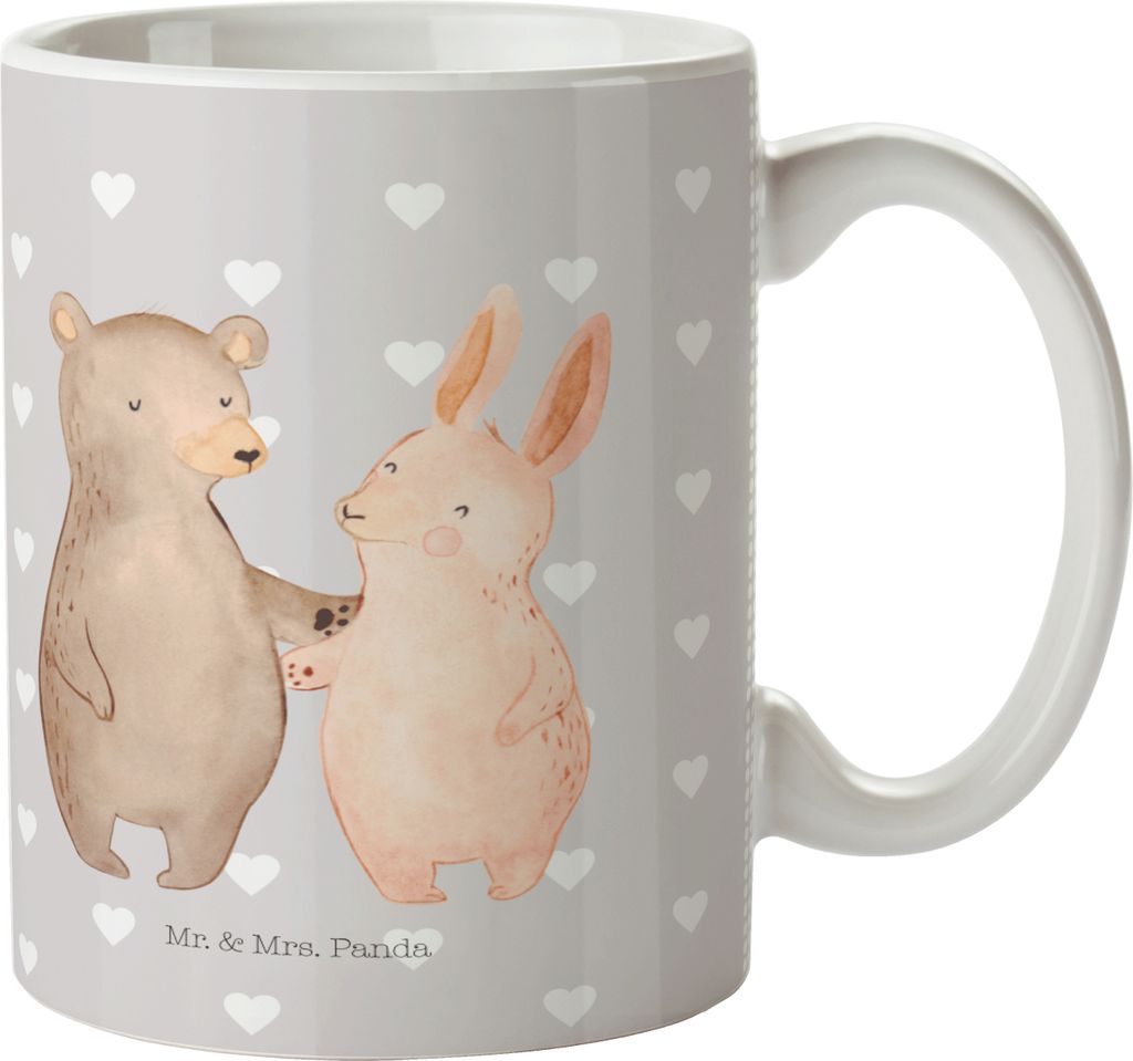 Mr. & Mrs. Panda Mehrwegbecher Bär und Hase Umarmen - Grau Pastell - Geschenk, Plastikbecher, Kinderbecher, für Immer, Trinklernbecher, Liebe, Fr...