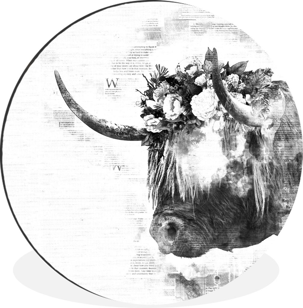 MuchoWow Aluminium Wandkreis Schottischer Highlander - Abstrakt - Schwarz - Weiß Ø 60 cm Wanddeko Modern Wohnzimmer - Wand Kreis - Wandbild - S...