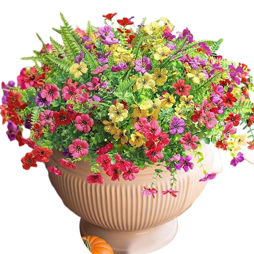 12 künstliche Blumenbündel für den Außenbereich, mehrfarbige Prunkwinde mit Eukalyptus, UV-beständige Kunstseidenblumen für Frühling und Som...