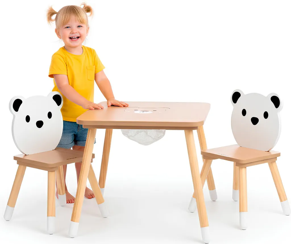 Table Enfant Bois Panda avec Rangement Intégré et Chaises Ergonomiques