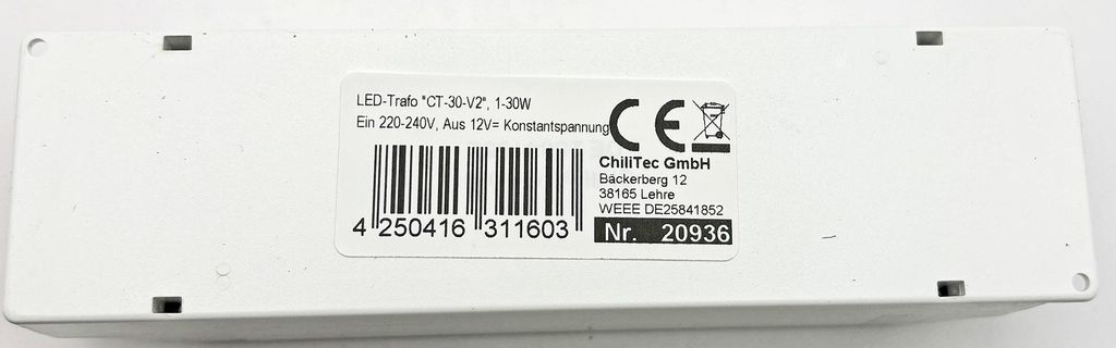 ChiliTec LED transformátor CT-30-V2, 1-30W 230V AC na 12V=, Obrázek produktu 