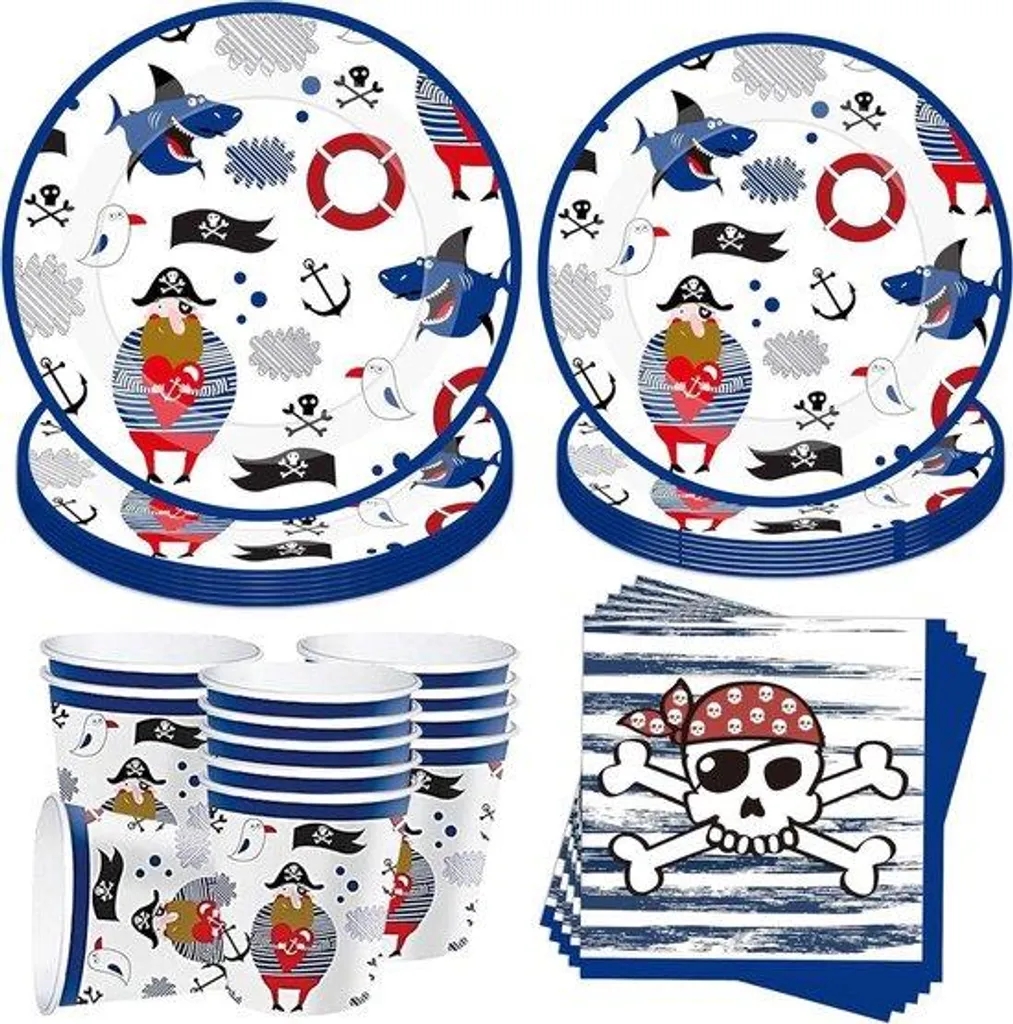 Set Vaisselle Pirate Enfant : 50 Assiettes et Gobelets Thème Mer