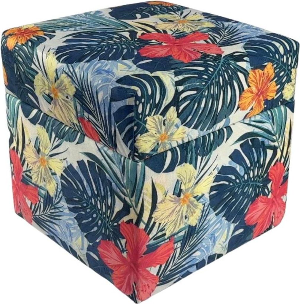 Velours-Hocker TROPIC 40x40 cm quadratisch mit Stauraum – aufklappbarer Polsterhocker mit buntem Blumenmuster – Blau