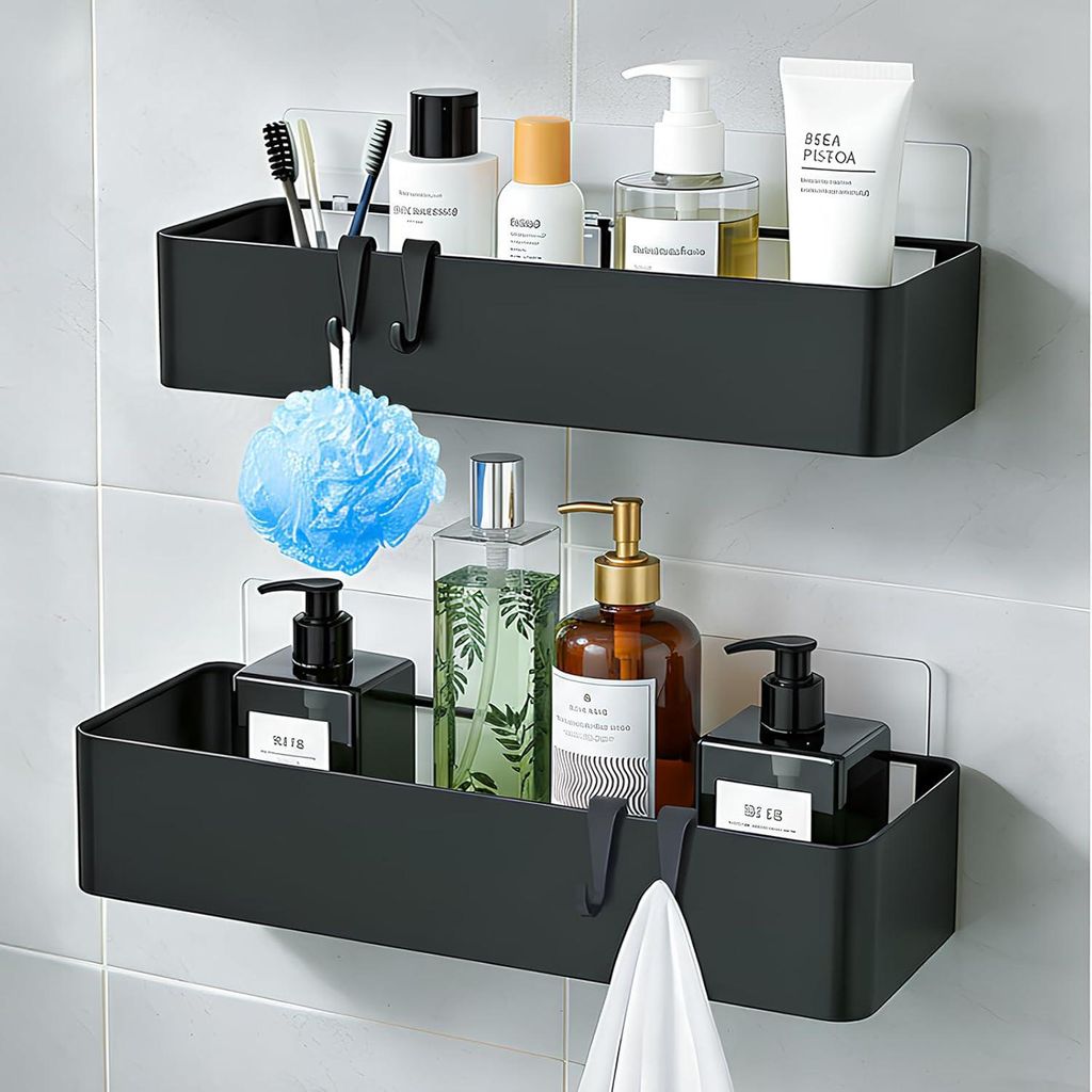 Duschablage, 2 Stück Duschregal aus Metall mit 4 Haken - Wasserdichter, Schnelltrocknend, Rostfrei - Große Kapazität Shampoo Duschgel Halterung