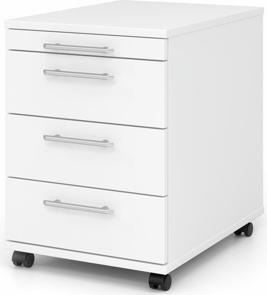 Rollcontainer Anssi | Weiß | HxBxT 59x42,8x58cm | Relinggriff | 4 Schübe | Mit Schloss & Zentralverriegelung