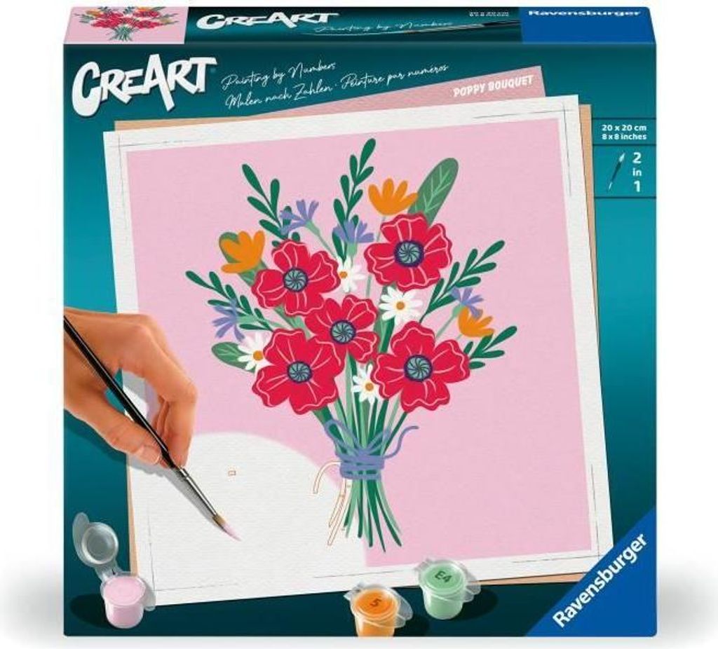 CreArt Malen nach Zahlen Erwachsene, Mohnblumenstrauß 20x20 cm, Ravensburger Kreativset