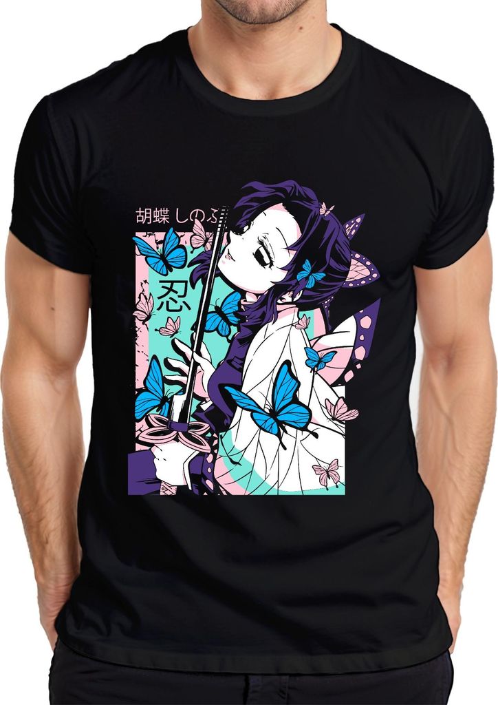 Demon Slayer 胡蝶しのぶ Shinobu Kocho Schmetterling Katana Anime Herren T-Shirt, Schwarz, XL