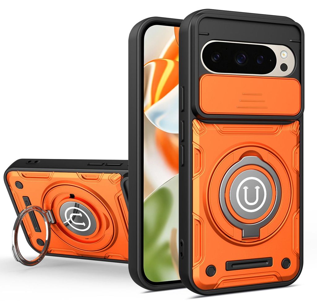 Magnetische Handyhülle für Google Pixel 9 / Pixel 9 Pro mit Kameraschutz Schieber, Ringhalter und Ständer, Stoßfeste Hülle Orange