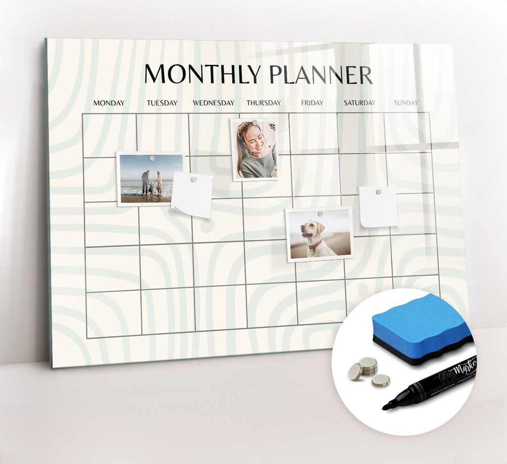 Magnetpinnwand Memoboard - Zubehörsatz - Schwarzer Marker + Schwamm + Magnete - 100 x 70 cm - Monatsplaner