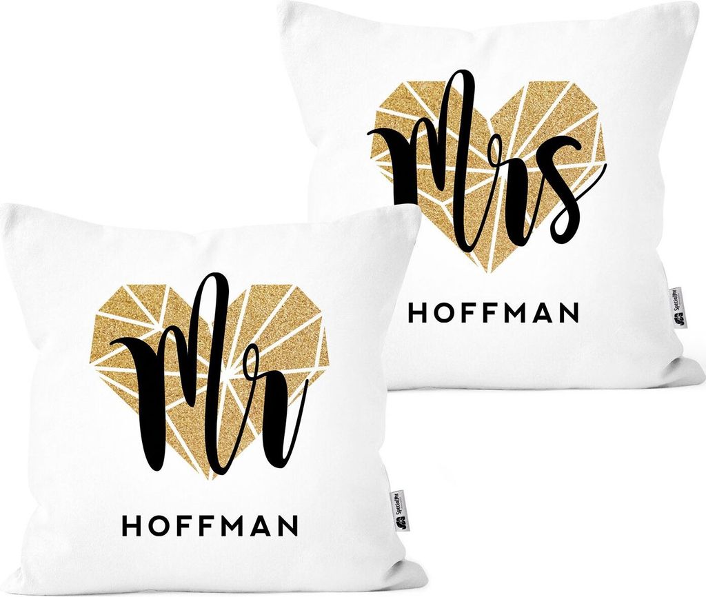 Mr & Mrs Partner Kissen-Bezüge 2er Set personalisiert mit Namen als Geschenk zur Hochzeit SpecialMe Polygon Herz weiß 40cm x 40cm
