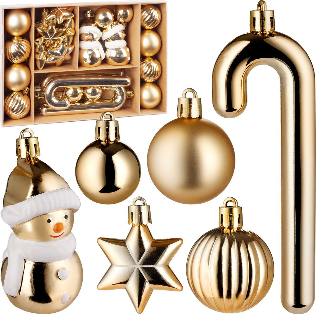 BRUBAKER 24 Stück Christbaumschmuck Gold - Weihnachtskugel mit Schneemann, Stern und Zuckerstangen - Gemustertes Christbaumkugel-Set - Baumschmuck