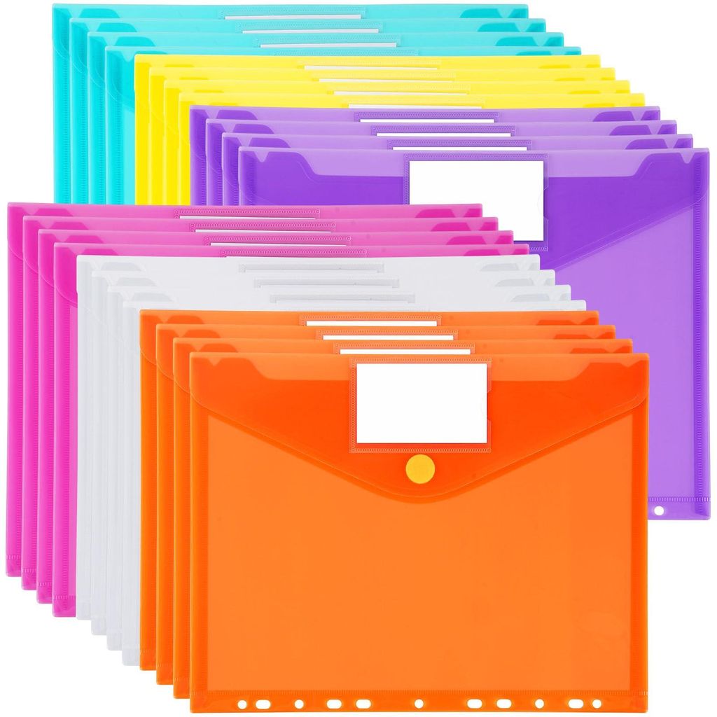 Set mit 24 A4-Dokumentenmappen, wasserfeste A4-Dokumentenmappen mit 11 Perforationen, farbenfrohe Mappen mit Etikettentaschen für Broschüren, Rin...