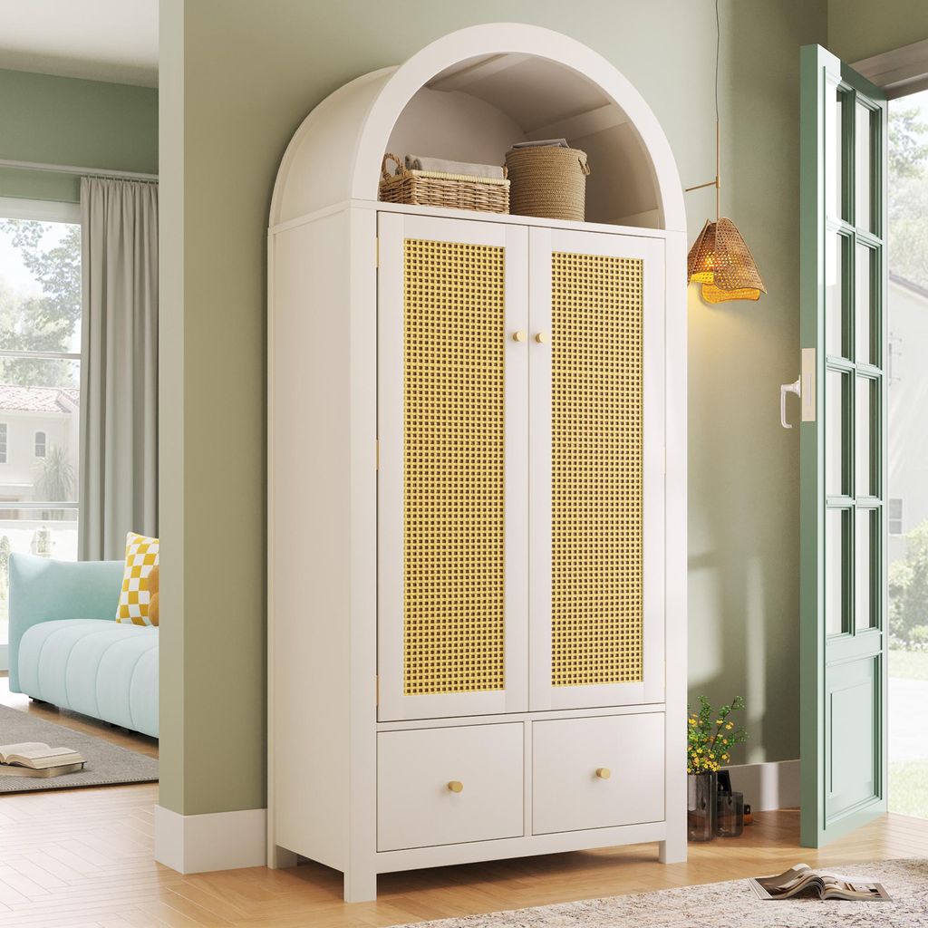 Merax Kleiderschrank mit Rattan und Bogenform, Schlafzimmerschrank mit 2 Türen und 2 Schubladen, Kleiderstange, Garderobenschrank Landhausstil,Weiß