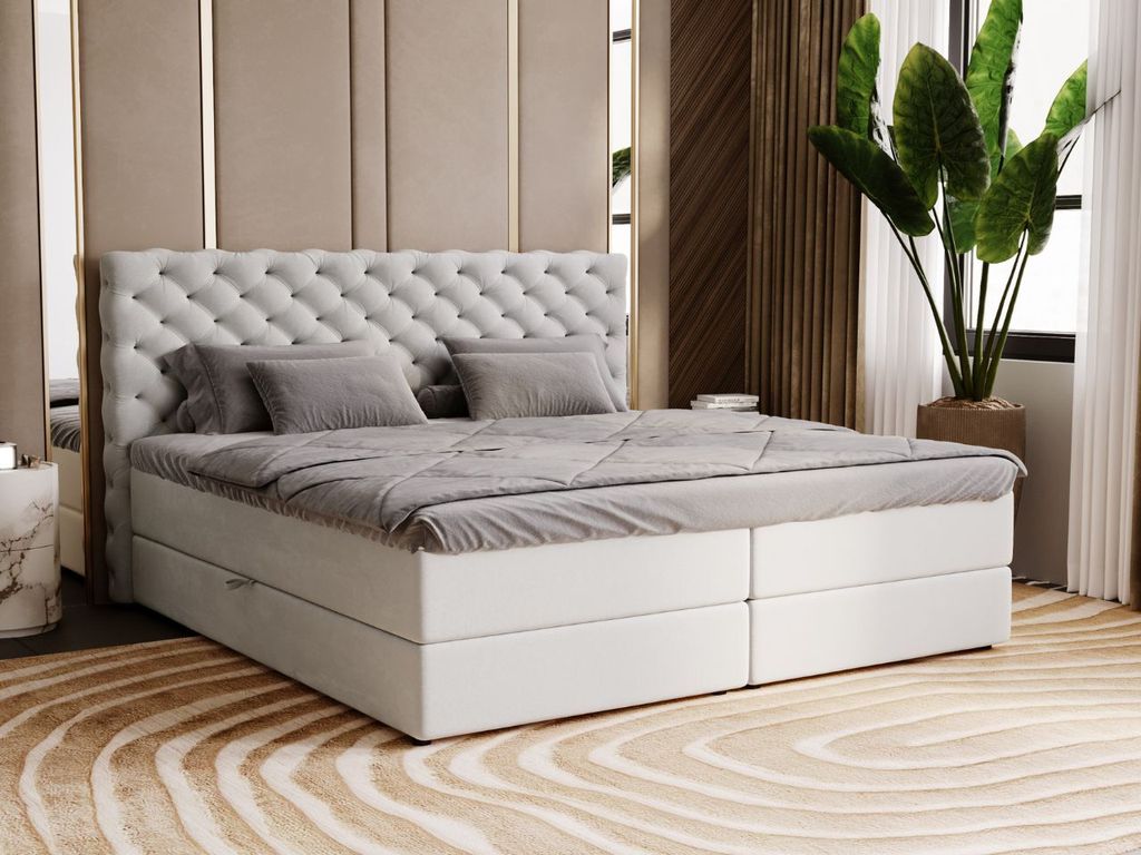 GrainGold Boxspringbett Bergamo 160x200 - Bett mit Matratze und Topper - Boxspringbett mit Bettkasten, Doppelbett mit Matratze - Boxspringbett hell...