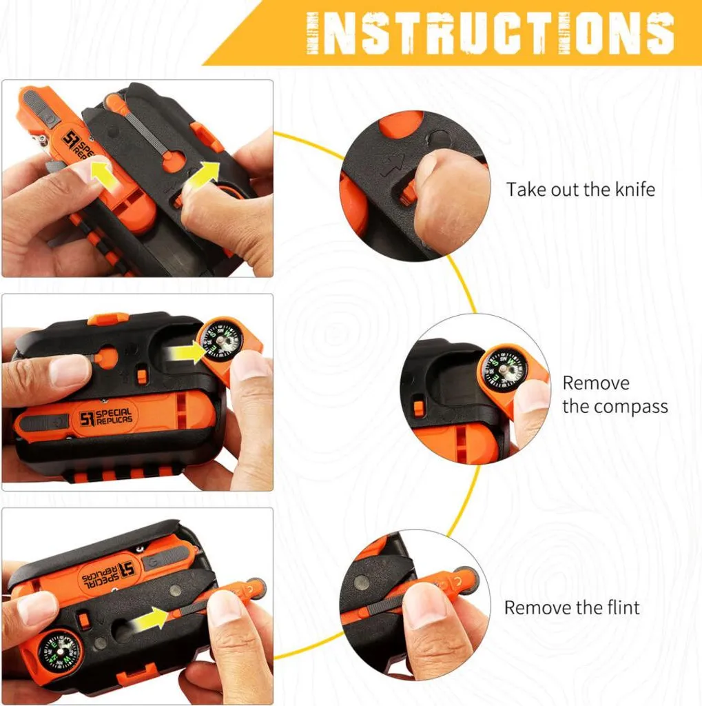 Kit d'urgence complet 27 accessoires pour bivouac et randonnée sauvage