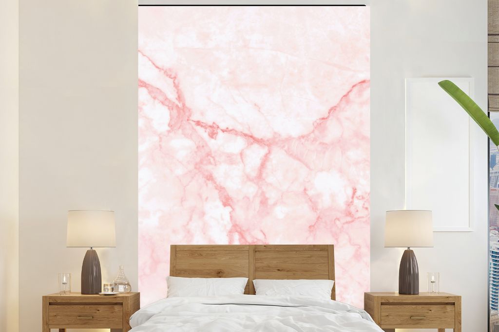 MuchoWow Fototapete für Wohnzimmer oder Schlafzimmer Wandtapete Vinyl Motivtapete Marmor - Weiß - Rosa - Chic - 170x260 cm - Wohnzimmertapete