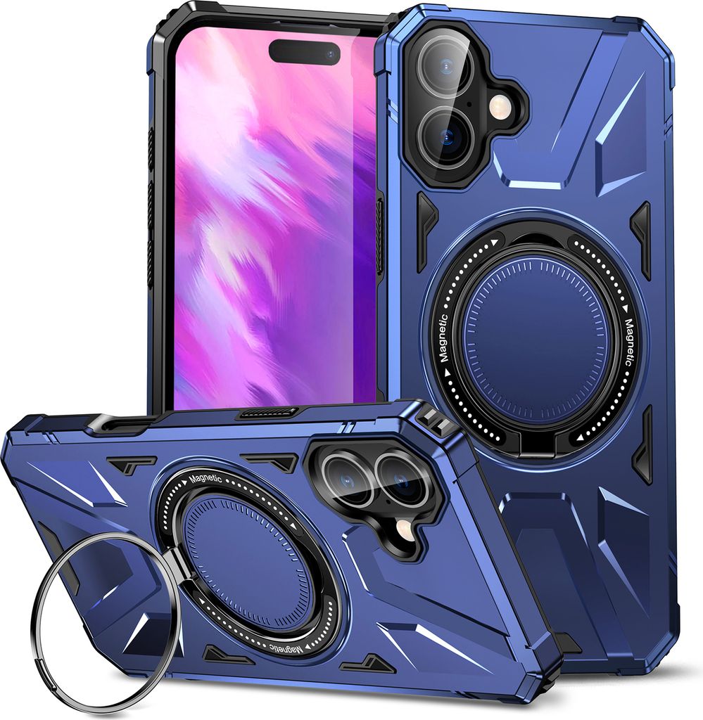 Hülle für iPhone 16 Kompatibel mit MagSafe, Dual Layer Robuste Schutzhülle, Magnetischer Ringständer Blau