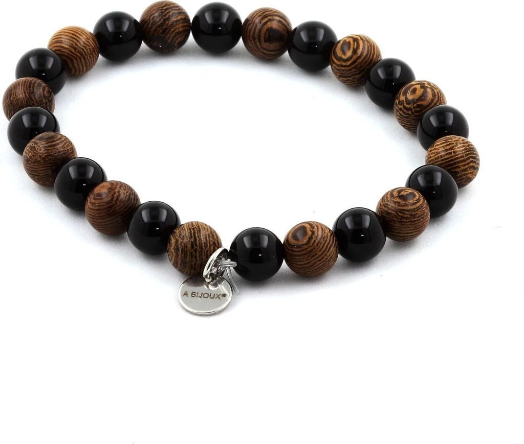 Armband Schwarze Achatperlen + Holz 8 mm