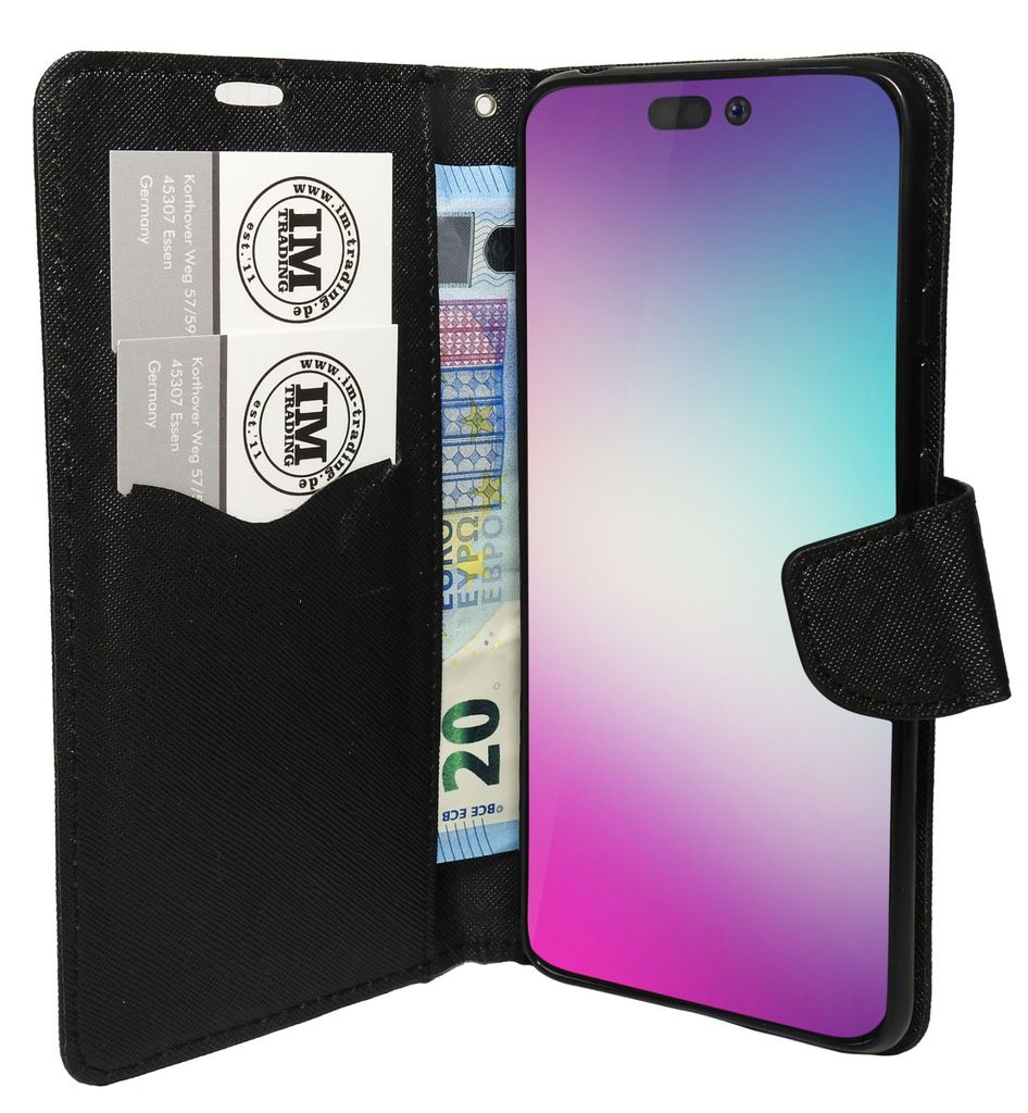 Buch Tasche "Fancy" kompatibel mit iPhone 14 Pro Max Handy Hülle Etui Brieftasche Schutzhülle mit Standfunktion, Kartenfach Schwarz