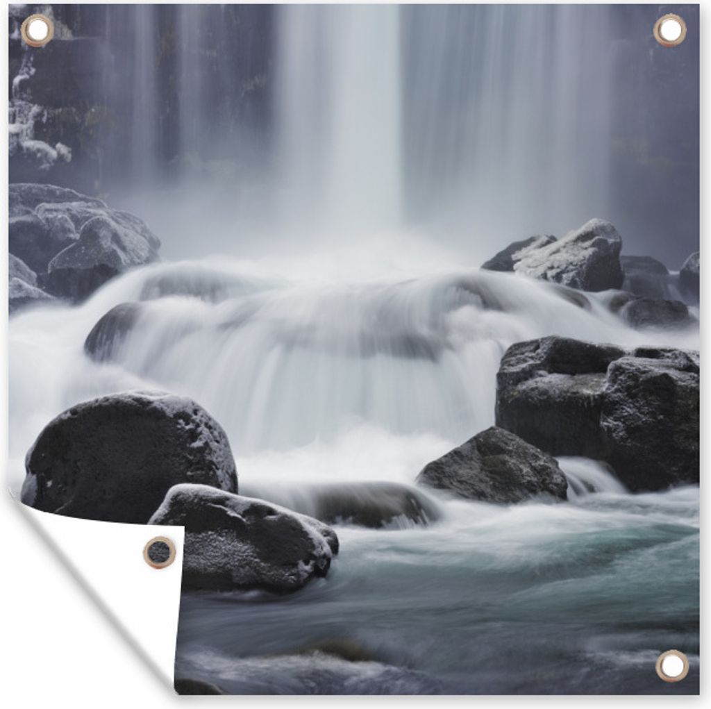MuchoWow 50x50 cm Outdoor-Poster Gartendeko Sichtschutz Garten Poster für den Garten Wasserfall - Steine - Natur