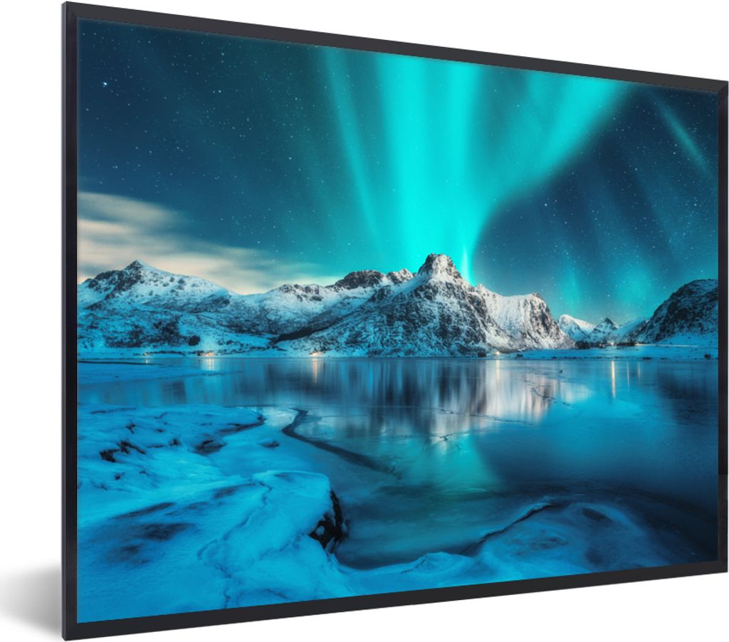 MuchoWow Gerahmtes Poster Nordlicht - Eis - Schnee - Norwegen - Blau - Berge 40x30 cm - Poster mit Schwarzem Bilderrahmen Wandposter Rahmen Foto ...