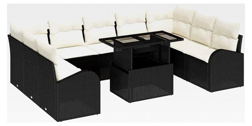10-teiliges Garten-Sofa-Set mit Kissen in Schwarz aus Poly-Rattan für den Außenbereich