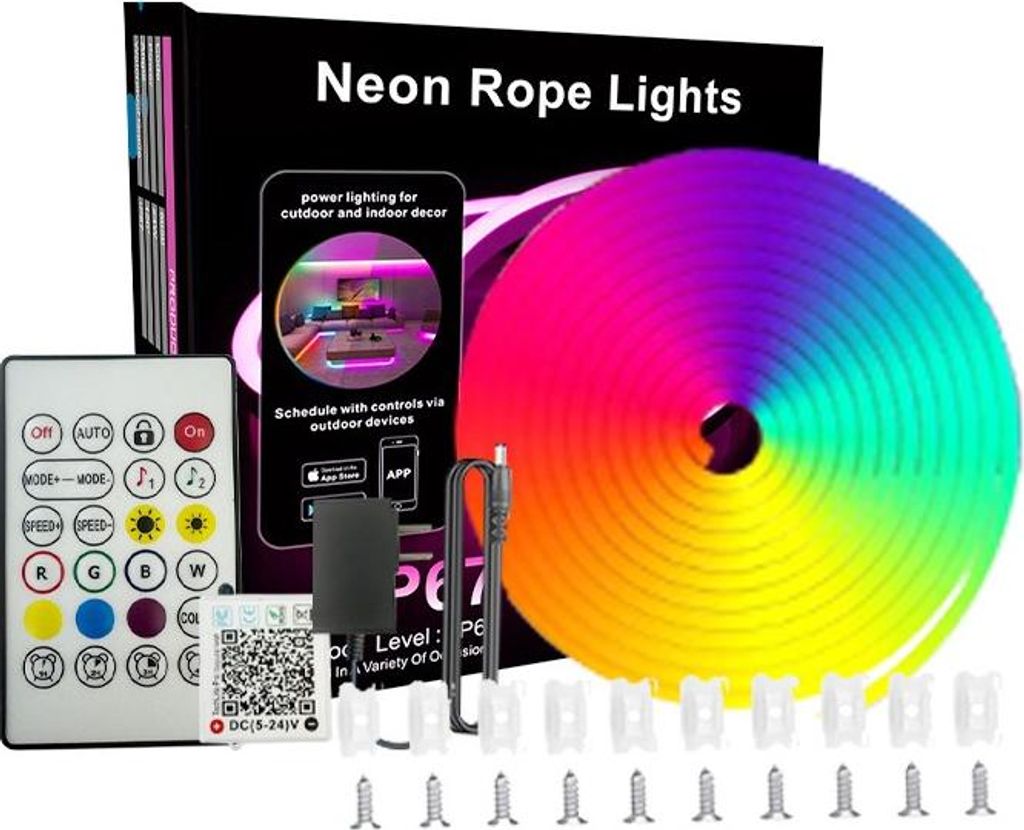 INF 10M RGB Neon LED Streifen - 60 LEDs/M, Bluetooth, 24-Tasten Fernbedienung