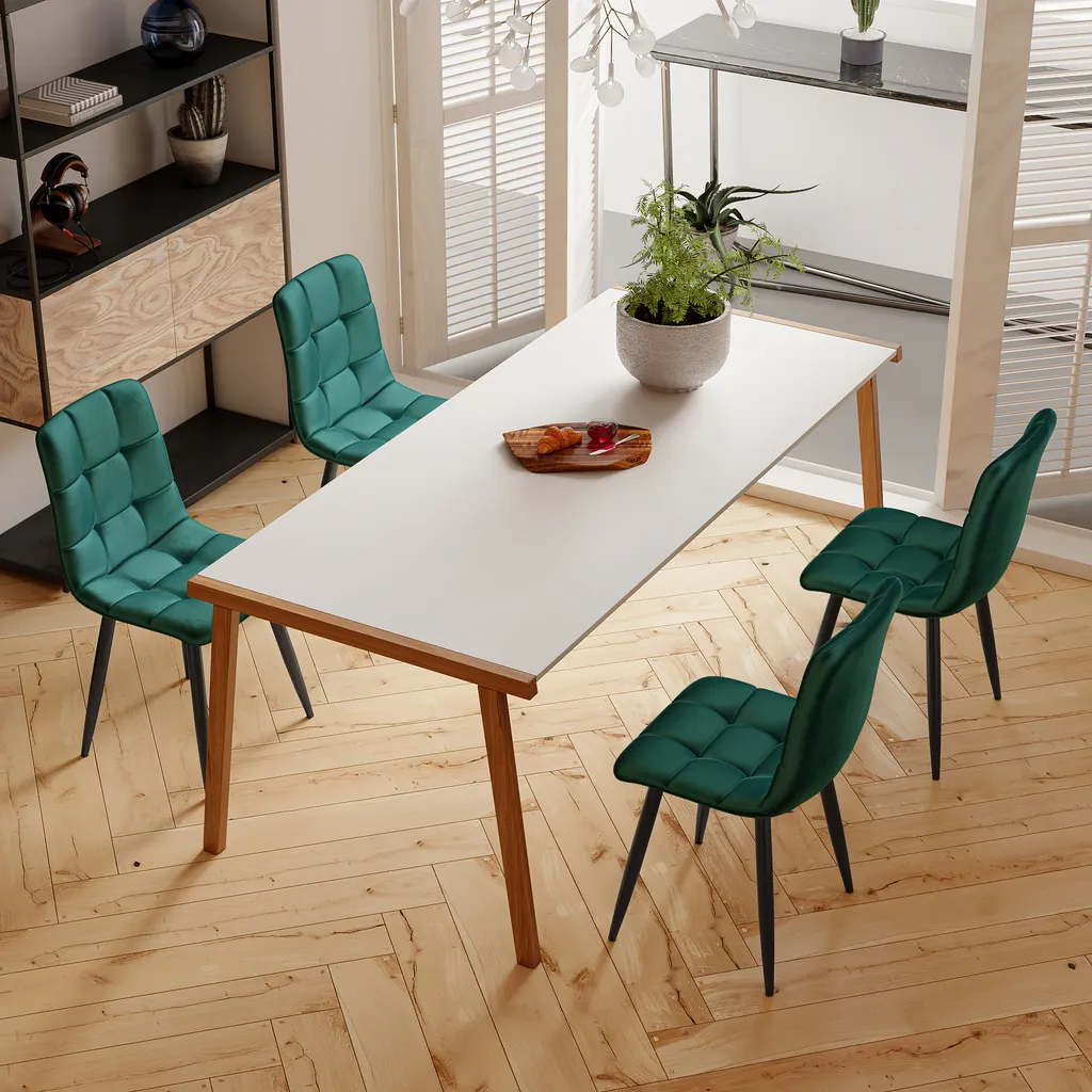 Lot de 4 chaises de cuisine en velours vert pieds métalliques noirs