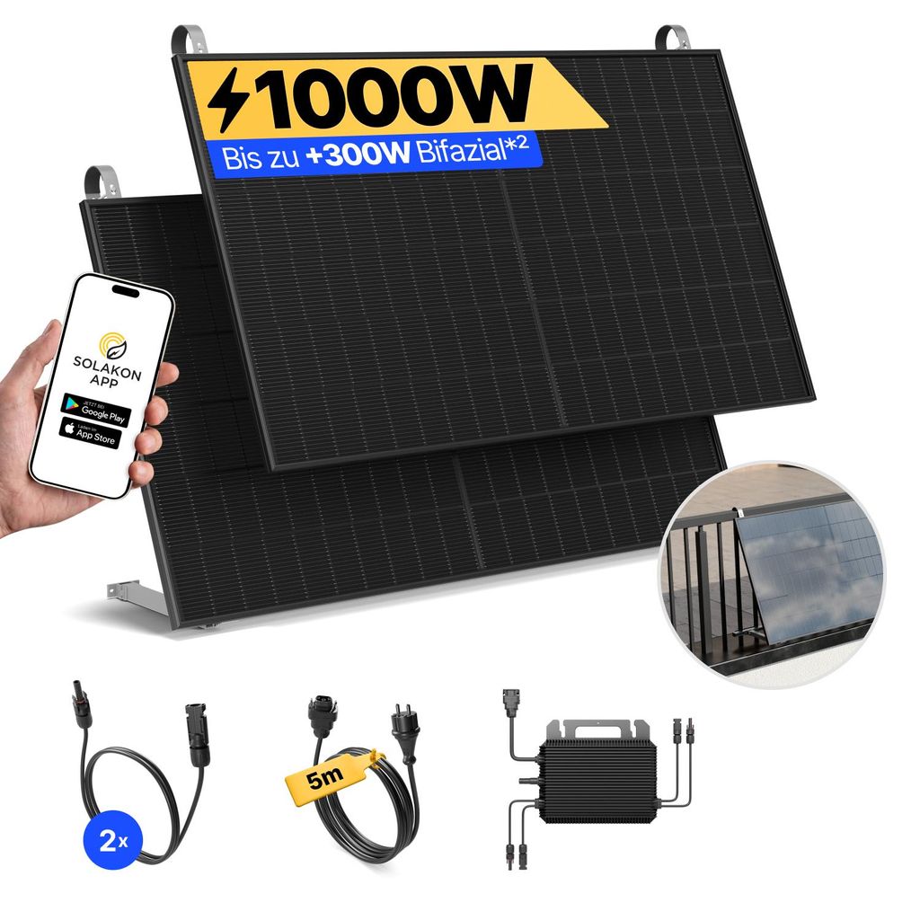 Balkonkraftwerk 1000W Solaranlage mit Balkon Halterung Produktbild 
