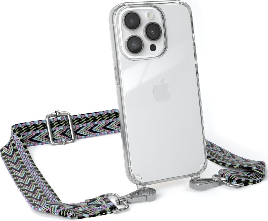 EAZY CASE Handykette - Verstellbarer Trageriemen kompatibel mit Apple iPhone 14 Pro, Handykordel mit transparenter Silikon-Hülle, Band in Lila