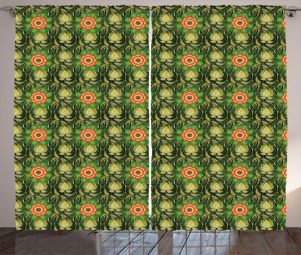 Rideau Rustique en Tissu Imprimé Mandala Orange et Vert Olive 280x225 cm
