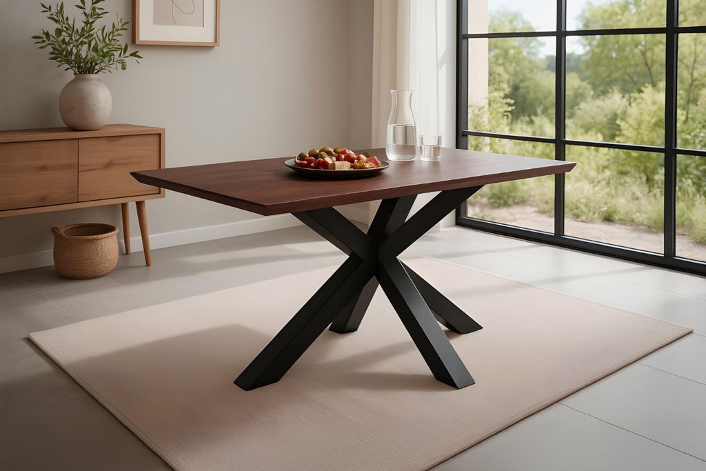 Esszimmertisch Rita | 120 x 80 cm | Akazienholz massiv | Kastanienfarbig | Schweizer Kante | Spider-Gestell Metall Schwarz | pflegeleichter Esstisc...