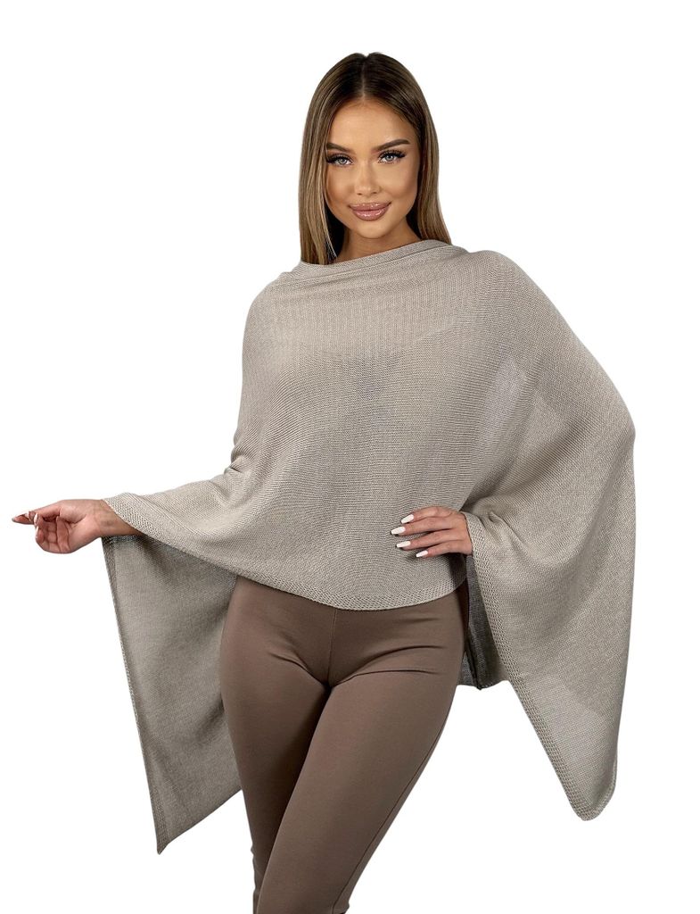 221 Mississhop Damen Poncho Cape Überwurf Strickjacke feiner weicher Strick Pullover Herbst Winter One Size Taupe