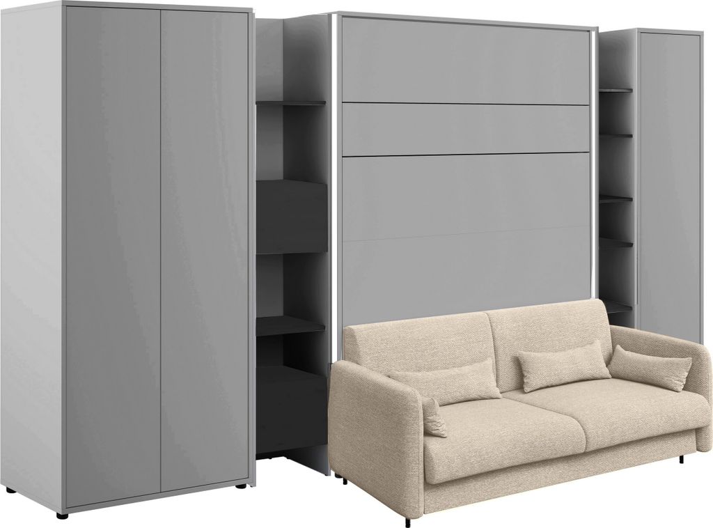 Schrankbett mit sofa Bed Concept 140x200 cm Lenart Led Beleuchtung Taschenfederkernmatratze Bett im Schrank Klapbett Grau/Beige