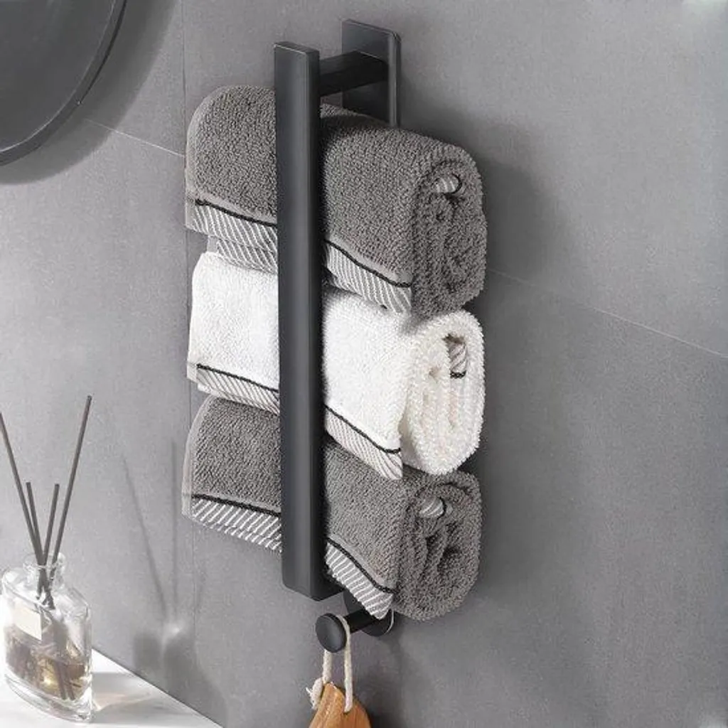 Étagère de salle de bain 40cm noire en acier inox avec crochets muraux