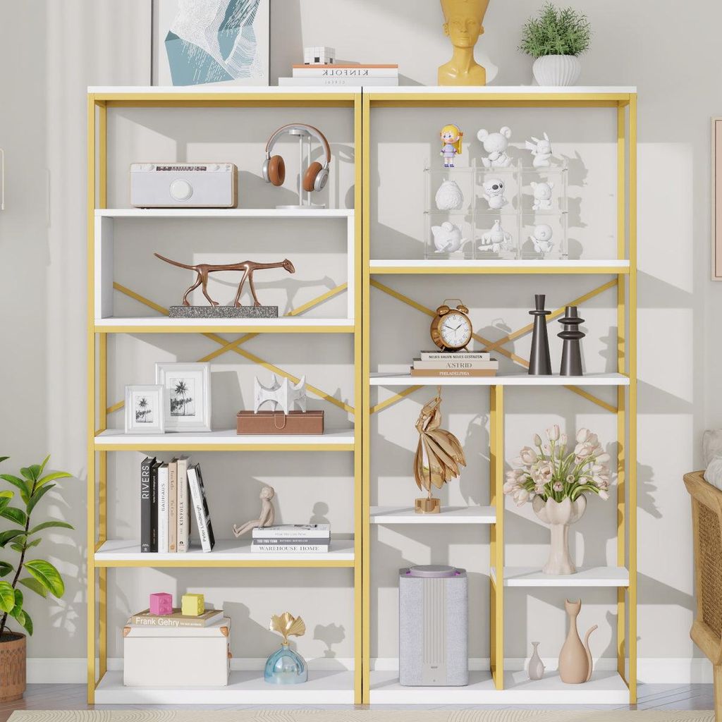 Regal 160x29,5x180 cm aus Stahl & MDF, modernes Bücherregal mit Gold-Weiß-Design, stabile Struktur & offene Fächer, leicht zu montieren