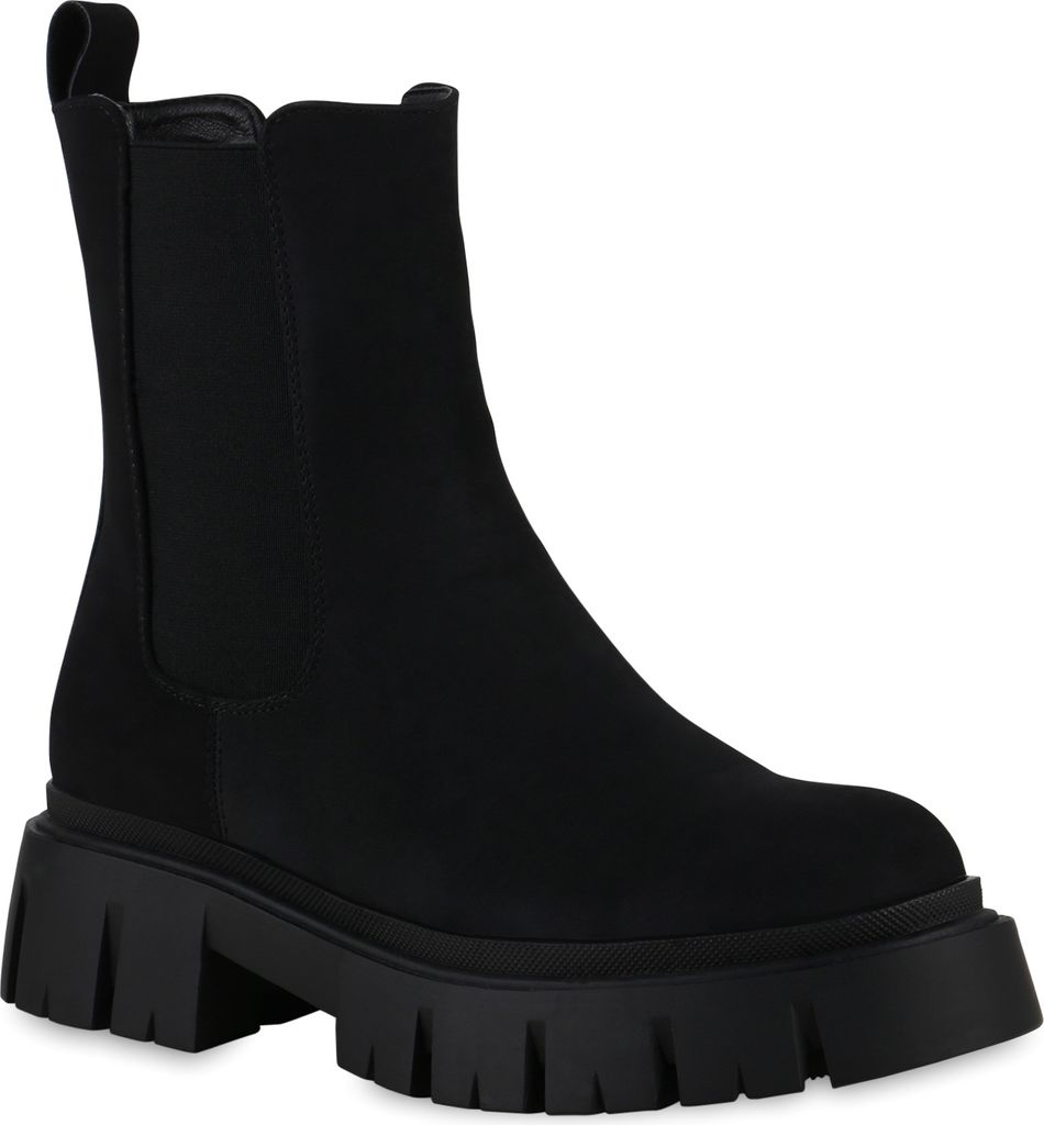 VAN HILL Damen Plateau Boots Stiefeletten Profil-Sohle Stiefel Schuhe 839534, Farbe: Schwarz Velours, Größe: 36