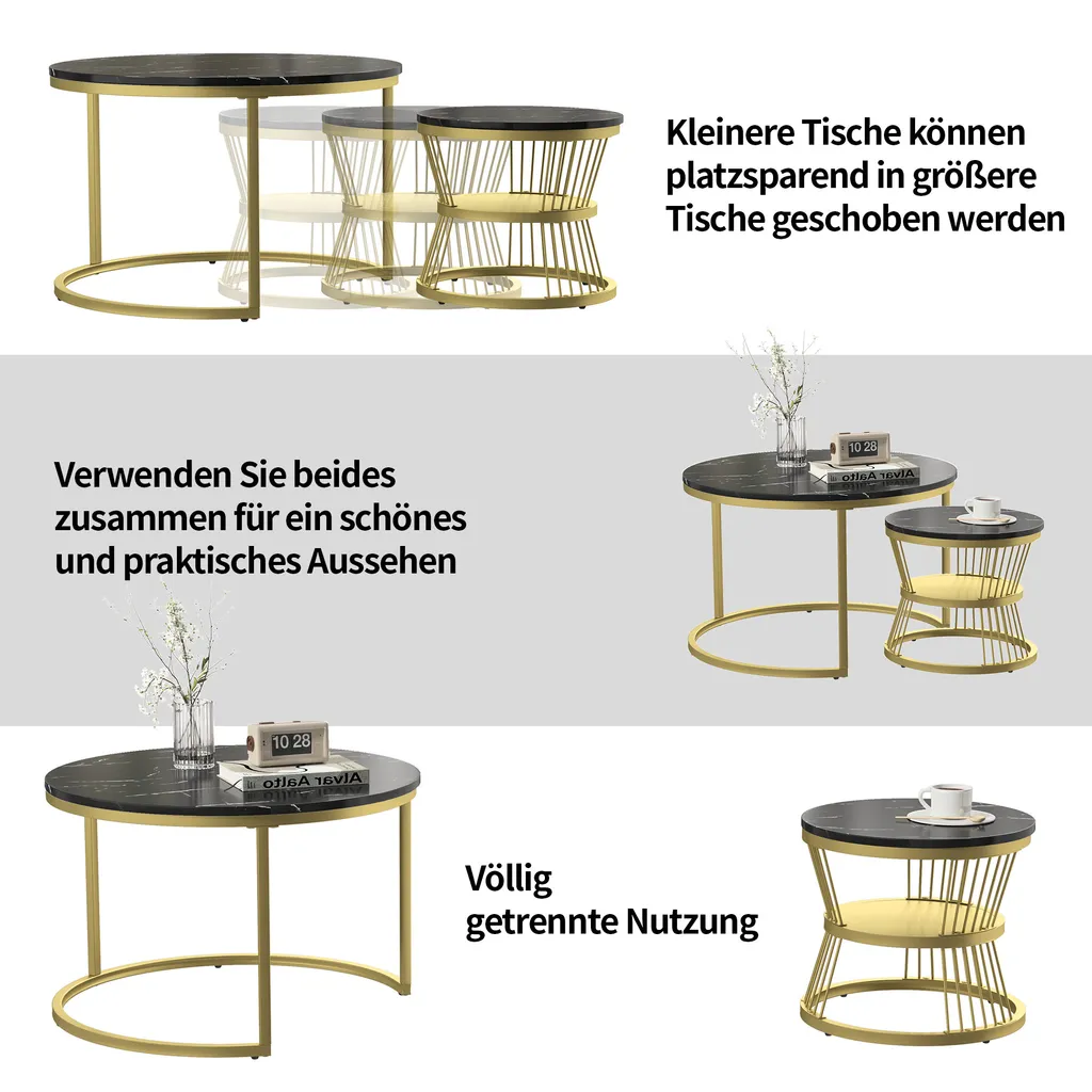 Table basse marbre et or set de 2 tables d'appoint rondes chic - 7
