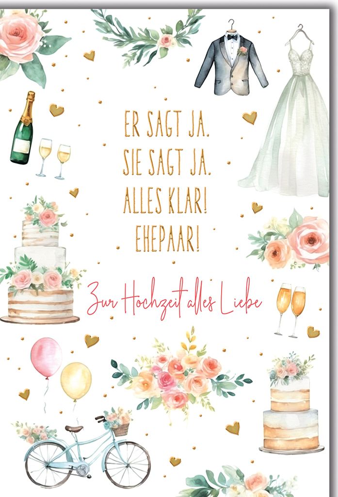 Hochzeit Hochzeitssymbole bunt Er sagt ja Sie jag ja alles klar Glückwunschkarte mit Umschlag