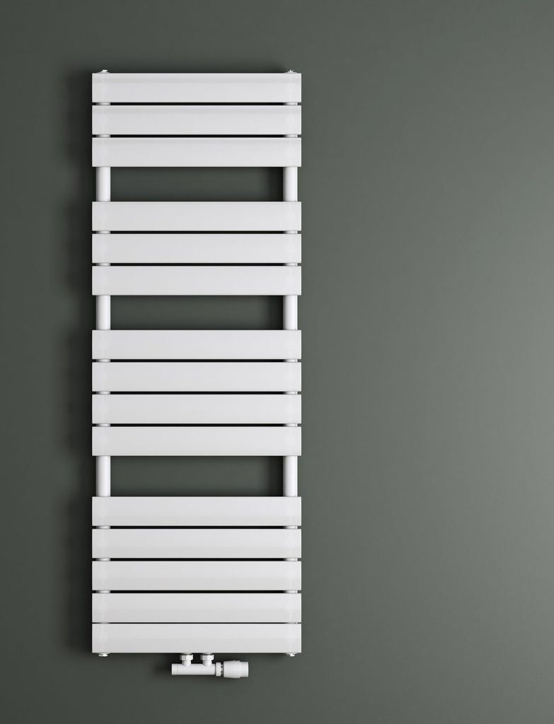 A white flat panel radiator mounted on a gray wall.