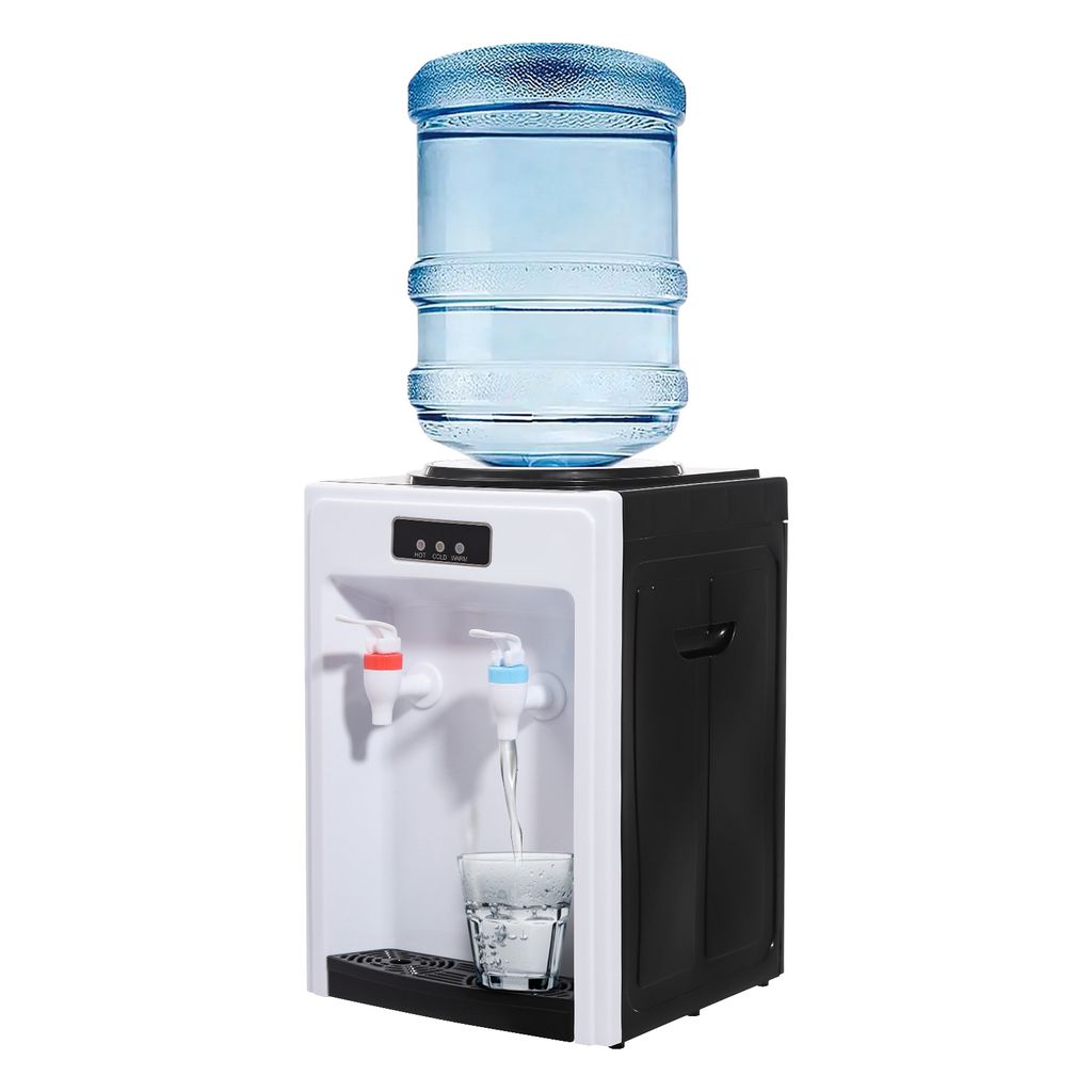 A water dispenser with a large water bottle on top, dispensing water into a glass.