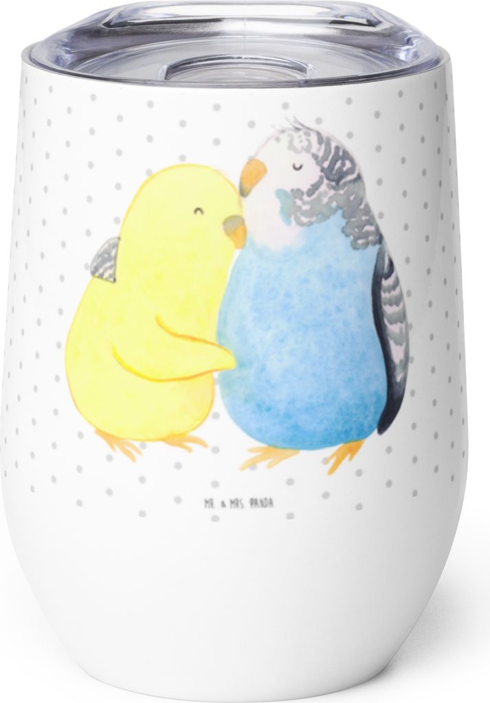Mr. & Mrs. Panda Isolierbecher Wellensittich Liebe - Weiß - Geschenk, glücklich, Thermo Becher, thermosbecher, Vertrauen, Vögel, glühweinbecher...