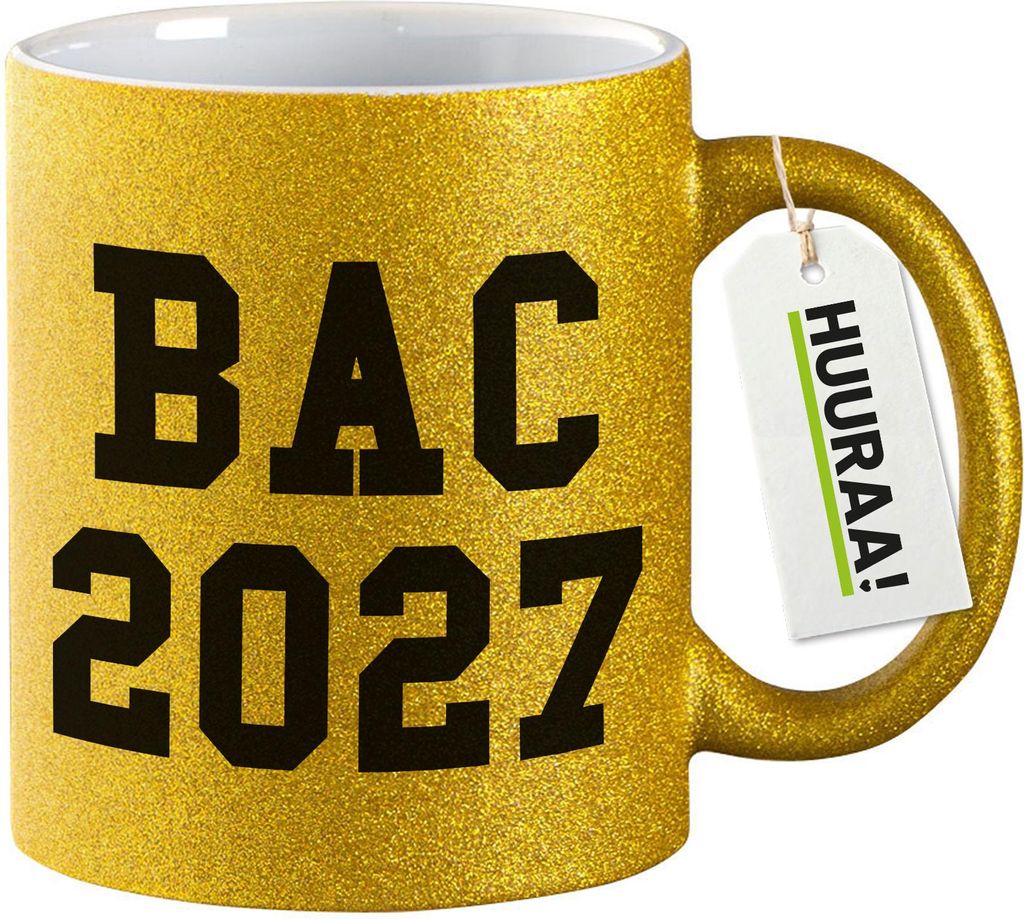 Huuraa Glitzertasse BAC 2027 Abschluss Frankreich 330ml Gold Keramik Kaffeebecher Geschenkidee