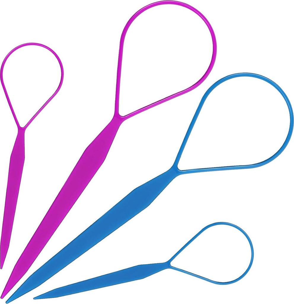 Four hair styling tools of different sizes and colors (purple and blue) are arranged diagonally on a white background.